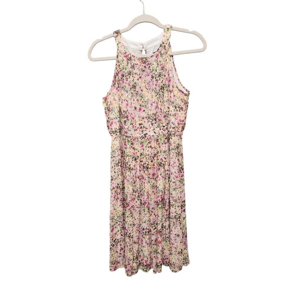 Adrianna Papell Floral Halter Pleated Dress Pink Green Petite 8P RN59782 - Picture 1 of 6